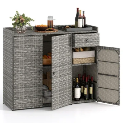 Costway 3 Doors Outdoor Pe Wicker Storage Cabinet For Deck-gray