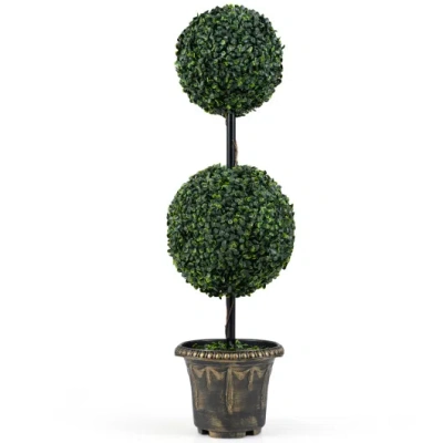 Costway 3 Ft Artificial Boxwood Topiary Tree Double Ball Shrubs In Multi