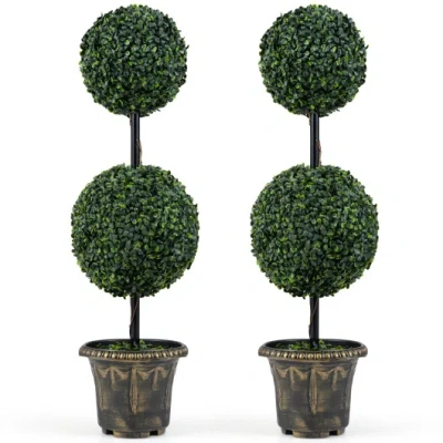 Costway 3 Ft Artificial Boxwood Topiary Tree Double Ball Shrubs Set Of 2 In Green