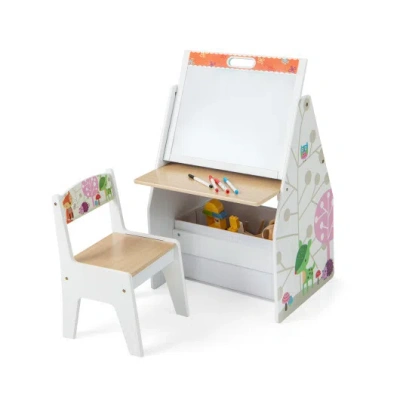 Costway 3 In 1 Kids Easel And Play Station Convertible With Chair And Storage Bins-white