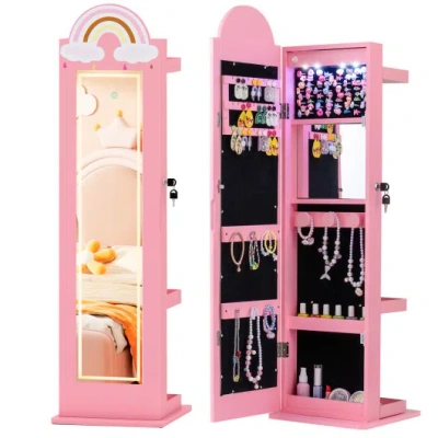 Costway 3 In 1 Kids Jewelry Cabinet Freestanding Jewelry Armoire With 3-color Lighted Mirror-pink In Multi