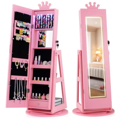Costway 3 In 1 Kids Jewelry Cabinet With 3-color Lighted Full Length Mirror And Internal Mirror-pink In Multi