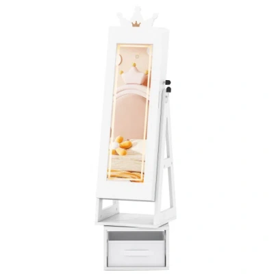 Costway 3 In 1 Kids Jewelry Cabinet With 3-color Lighted Full Length Mirror-white In Multi