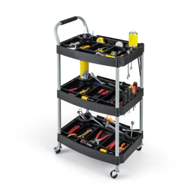 Costway 3 Layer Detailing Tool Utility Cart Tool Organizer Mobile Rolling Cart With Multiple Divider-black
