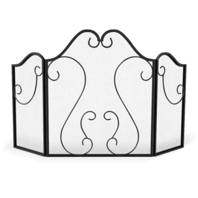 Costway 3 Panel Fireplace Screen Foldable Spark Guard Cover With Decorative Scroll In Black