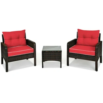 Costway 3 Pcs Outdoor Patio Rattan Conversation Set With Seat Cushions-red In Multi