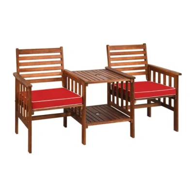 Costway 3 Pcs Outdoor Patio Table Chairs Set Acacia Wood Loveseat-red In Brown