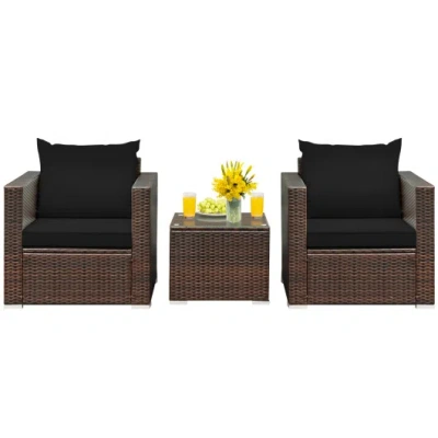 Costway 3 Pcs Patio Conversation Rattan Furniture Set With Cushion-black In Brown