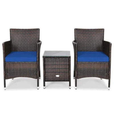 Costway 3 Pcs Patio Furniture Set Outdoor Wicker Rattan Set-navy In Animal Print
