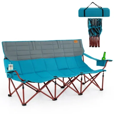 Costway 3 Person Folding Camping Chair With 2 Cup Holders Cotton Padding & Storage Bag-blue In Multi