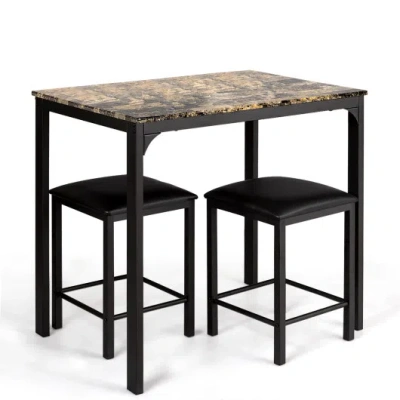 Costway 3 Piece Counter Height Dining Set Faux Marble Table-brown In Black