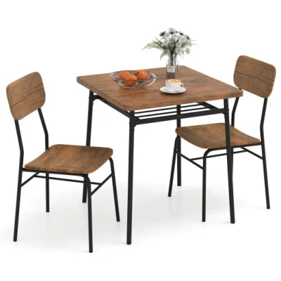 Costway 3 Piece Dining Table Set For 2 Wood Square Table With Metal Frame-brown