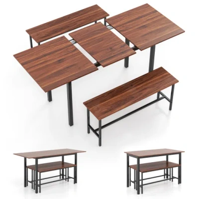 Costway 3 Piece Dining Table Set For 4-6 With 2 Benches-walnut In Brown