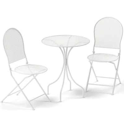 Costway 3 Piece Metal Bistro Patio Round Table And 2 Folding Chairs Set-white