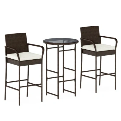 Costway 3 Piece Outdoor Bar Set With 2 Seat Cushions For Porch Yard-white In Brown