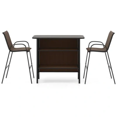 Costway 3 Piece Outdoor Bar Set With Footrest And 2-tier Shelf-coffee In Black