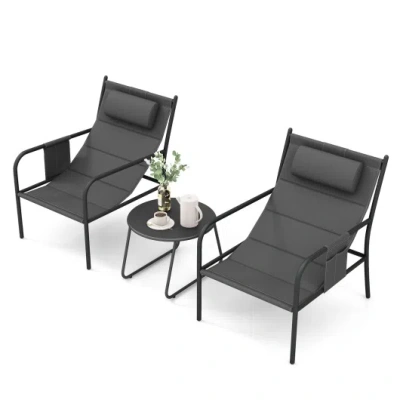 Costway 3 Piece Outdoor Bistro Set Patio Metal Chair And Coffee Table Set-gray In Black