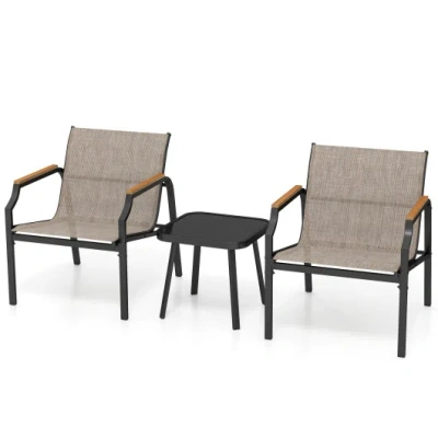 Costway 3 Piece Outdoor Chair Set With Breathable Fabric Seat And Armrests-brown In Multi