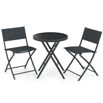 Costway 3 Piece Outdoor Folding Patio Bistro Set With Tempered Glass Coffee Table And 2 Patio Chairs In Black