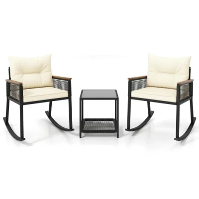 Costway 3 Piece Outdoor Pe Rattan Rocking Bistro Set With 2-tier Coffee Table-black
