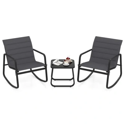 Costway 3 Piece Outdoor Rocking Bistro Set Porch Rocker Chairs With Tempered Glass Table-gray In Multi