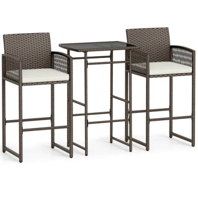 Costway 3 Piece Patio Bar Set, Outdoor Wicker Bar Height Table And Armchairs With 2 Seat Cushions-white In Multi