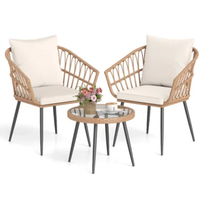 Costway 3 Piece Patio Bistro Set With Pe Rattan Wicker Chairs And Tempered Glass Coffee Table-natural In Multi