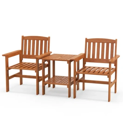 Costway 3 Piece Patio Bistro Table And Chairs Set With Umbrella Hole In Brown
