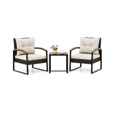 Costway 3 Piece Patio Conversation Set With Solid Acacia Wood Armrests And Tabletop-white