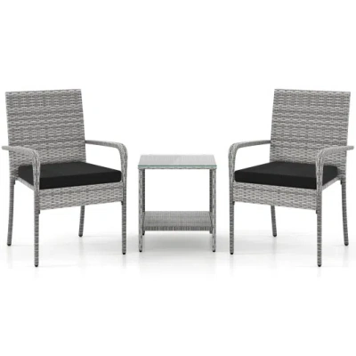Costway 3 Piece Patio Furniture Set With Seat Cushions And Tempered Glass Tabletop For Balcony-black In Gray