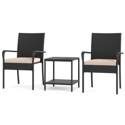 Costway 3 Piece Patio Furniture Set With Seat Cushions And Tempered Glass Tabletop-beige In Black