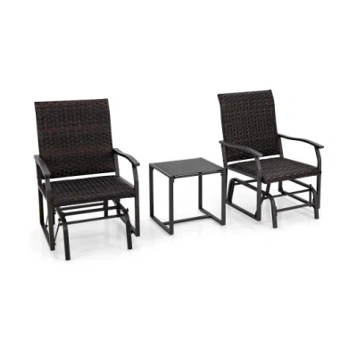 Costway 3 Piece Patio Gliding Set With Tempered Glass Coffee Table All Weather-brown