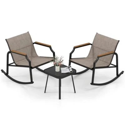 Costway 3 Piece Patio Rocking Bistro Set With Tempered Glass Coffee Table And Armrests For Porch-brown In Black