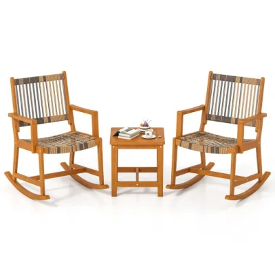 Costway 3 Piece Patio Rocking Set Acacia Wood Rocker Bistro Set With Rattan Seat And Back In Multi
