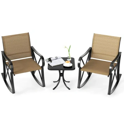 Costway 3 Piece Patio Rocking Set With Smooth Rocking Motion Outdoor Rocker Chair Bistro Set -brown