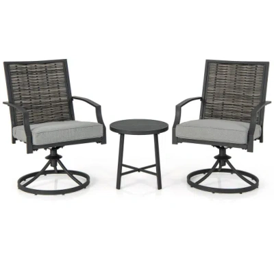 Costway 3 Piece Patio Swivel Chair Set With Soft Seat Cushions For Backyard In Gray