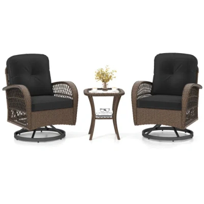 Costway 3 Piece Patio Swivel Rocker Set With Tempered Glass Side Table And Thick Cushions-black