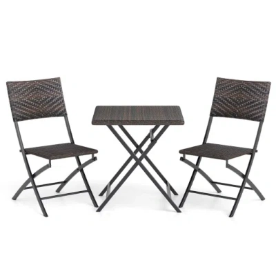 Costway 3 Piece Rattan Bistro Set Outdoor Folding Dining Table And Chairs With Wicker Seat In Gray