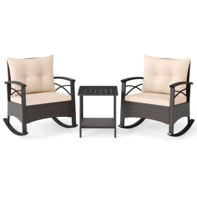 Costway 3 Piece Rocking Bistro Set Pe Rattan Rocker Chairs With Acacia Wood Top Table-beige In Multi