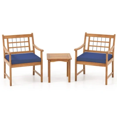 Costway 3 Piece Wood Patio Furniture Set With Seat Cushions And Acacia Wood Frame-navy In Brown