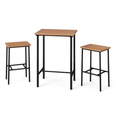 Costway 3 Pieces Acacia Wood Patio Bar Set Rectangular Table With Metal Frame In Brown