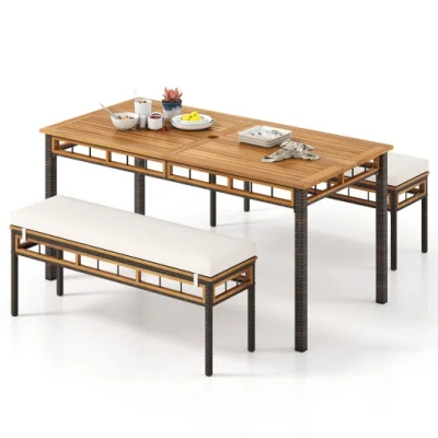 Costway 3 Pieces Acacia Wood Patio Dining Set For Deck And Backyard In Brown