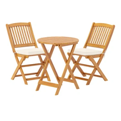 Costway 3 Pieces Acacia Wood Patio Folding Bistro Set With Soft Cushions-beige In Multi