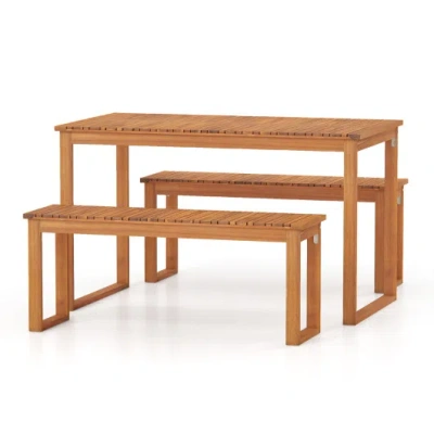 Costway 3 Pieces Acacia Wood Picnic Set With Outdoor Dining Table And 2 Benches For 4 People In Brown