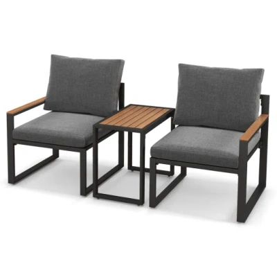 Costway 3 Pieces Aluminum Frame Weatherproof Outdoor Conversation Set With Soft Cushions-gray In Black