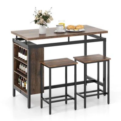 Costway 3 Pieces Dining Table Set With 3-tier Storage Shelf And Metal Frame-brown In Multi