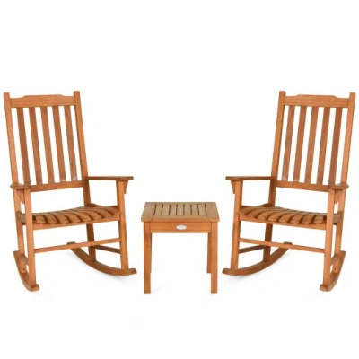 Costway 3 Pieces Eucalyptus Rocking Chair Set With Coffee Table In Brown