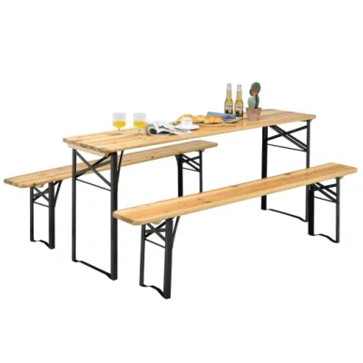 Costway 3 Pieces Folding Wooden Picnic Table Bench Set In Brown