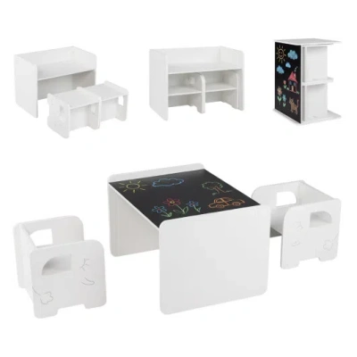 Costway 3 Pieces Kids Table And Chair Set With Space-saving Toddler Table And 2 Chairs-white In Multi