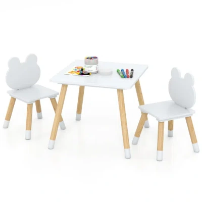 Costway 3 Pieces Kids Wooden Table And Chair Set With Cute Froggy Design-white In Multi
